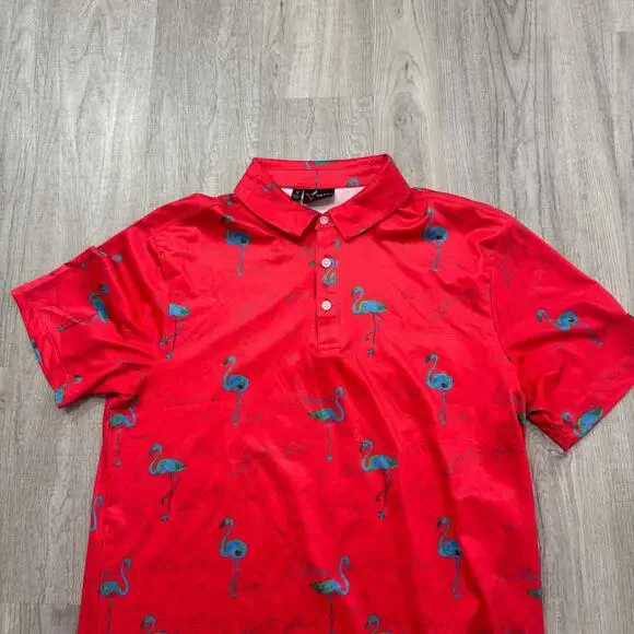 Yatta Golf Polo Shirt Men's Medium Animal Print Flamingos Stretch Golfing Sports - Picture 2 of 8